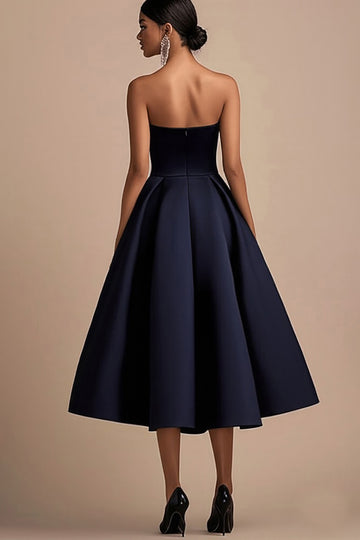 Navy Strapless A Line Satin Midi Formal Dress